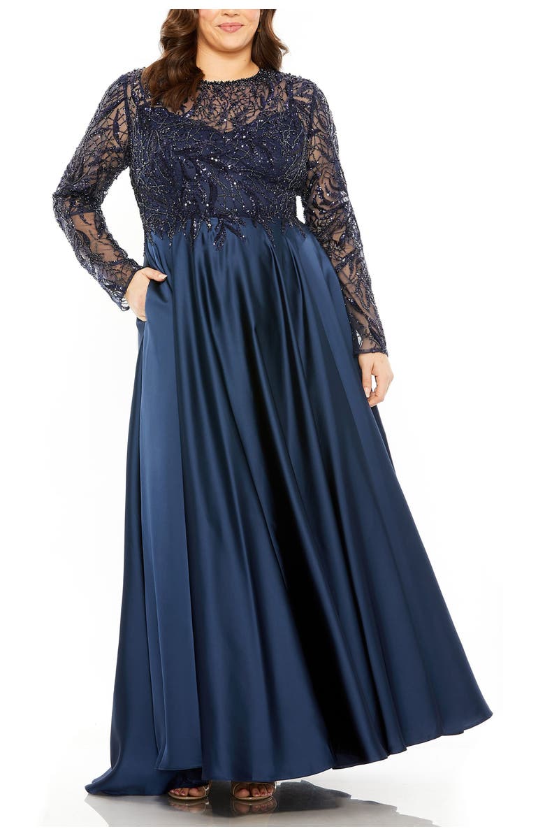 Mac Duggal Sheer Long Sleeve Beaded Top Satin Gown, Main, color, Midnight