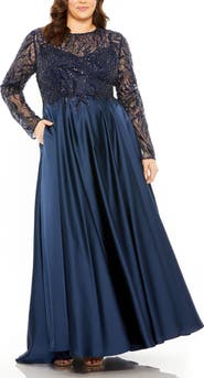 Mac Duggal Sheer Long Sleeve Beaded Top Satin Gown