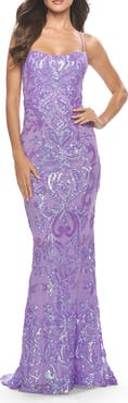 La Femme Print Sequin Gown with Square Neckline