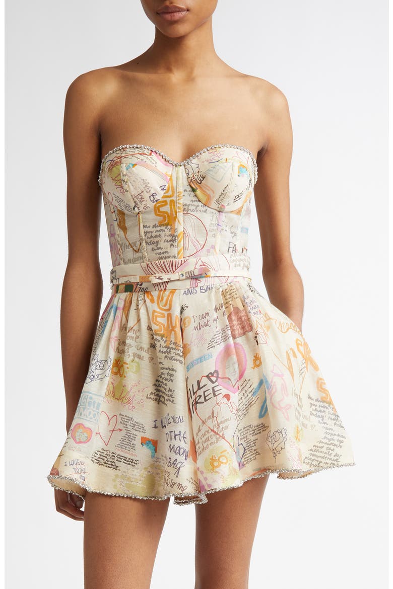 Dear Diary Print Paneled Linen & Silk Bustier Top, Main, color, DEAR DIARY