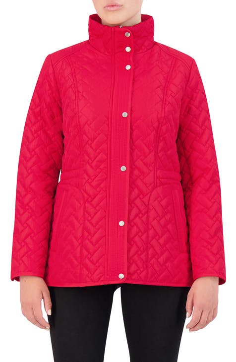 Red quilted coat on sale