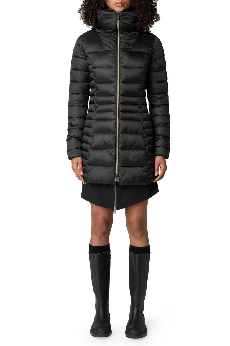 Caroline Water Repellent Satin Puffer Jacket, Main, color, BLACK