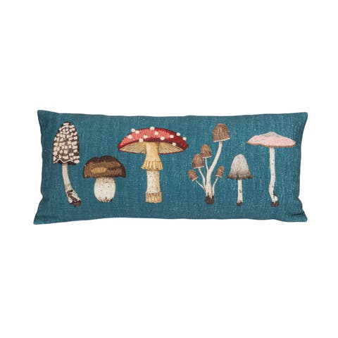 Cotton Printed Lumbar Pillow with Mushrooms and Embroidery, Multi Color