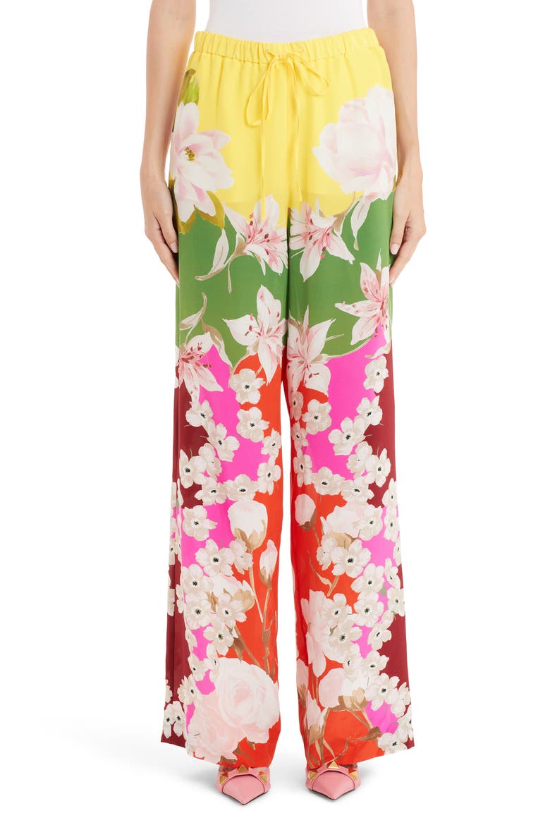 Floral Wide Leg Silk Crepe Pants, Main, color, MULTI