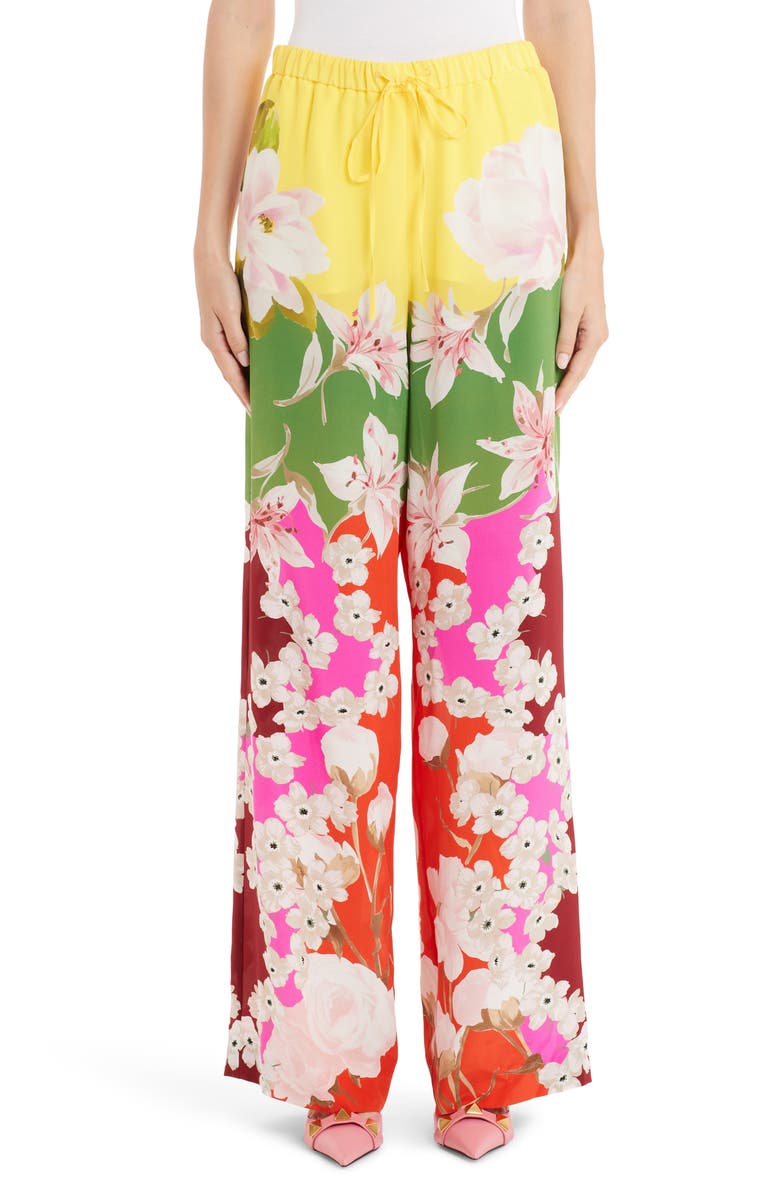 Valentino Floral Wide Leg Silk Crepe Pants, Main, color,