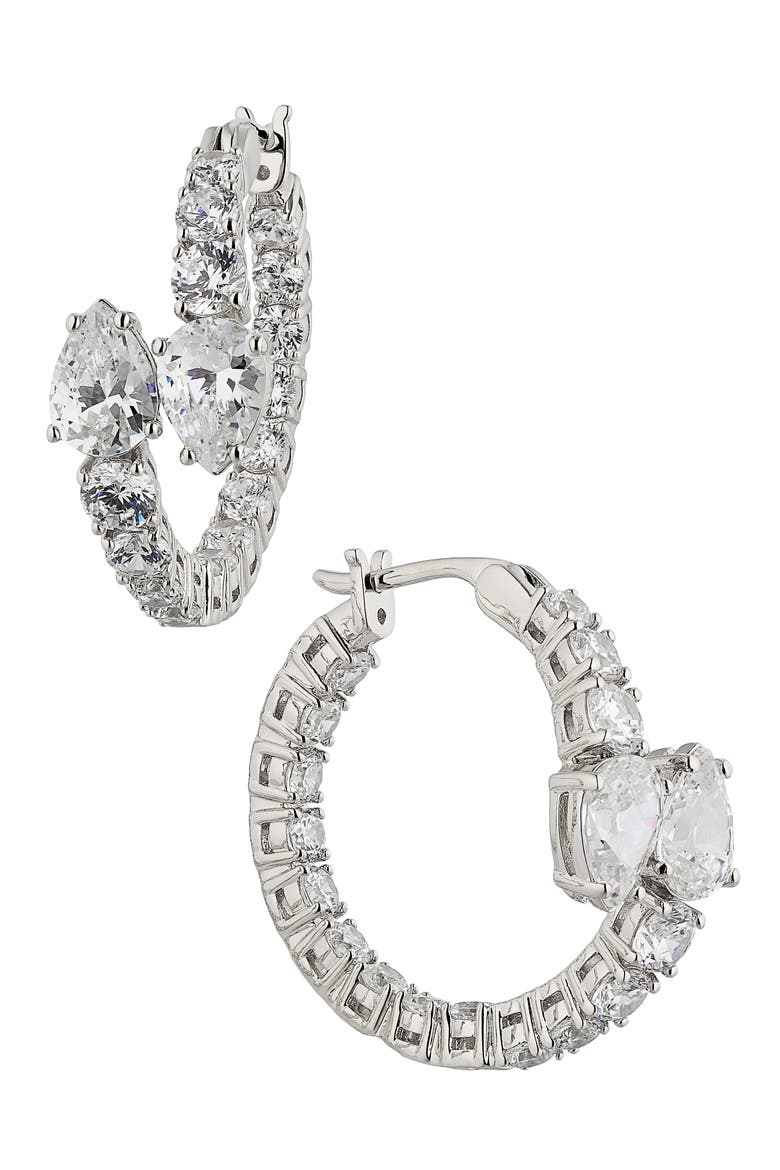 Emerald Isle Cubic Zirconia Bypass Hoop Earrings, Main, color, RHODIUM