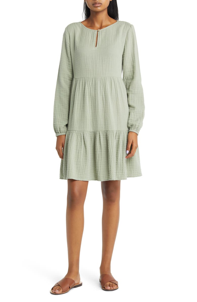 beachlunchlounge Cate Long Sleeve Tiered Cotton Gauze Dress, Main, color,