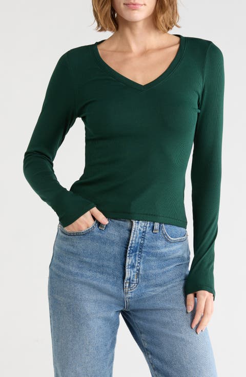 Long Sleeve V-Neck Rib Top