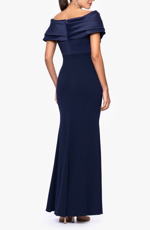 Betsy & Adam Off The Shoulder Scuba Crepe Gown. In Blue