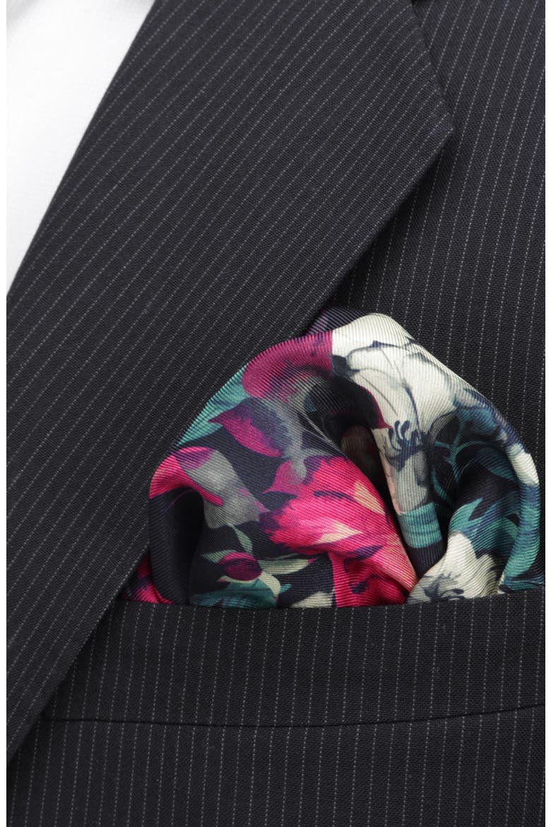 Painted Floral Silk Pocket Square, Alternate, color, NAVY