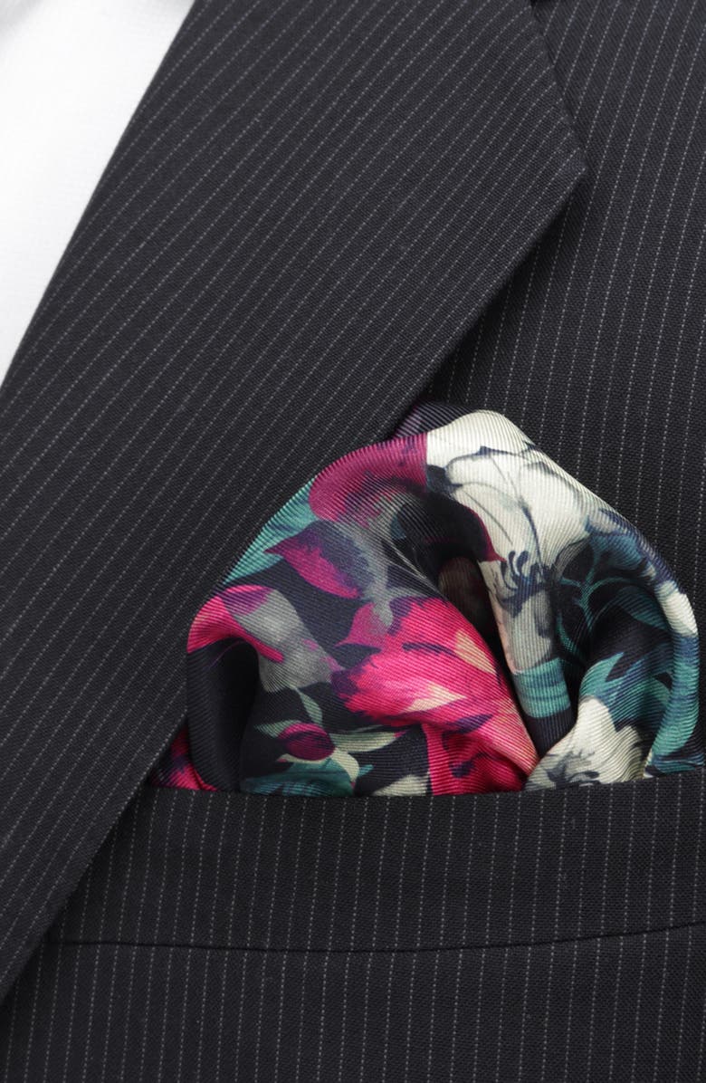 Cufflinks, Inc. Painted Floral Silk Pocket Square, Alternate, color, Navy