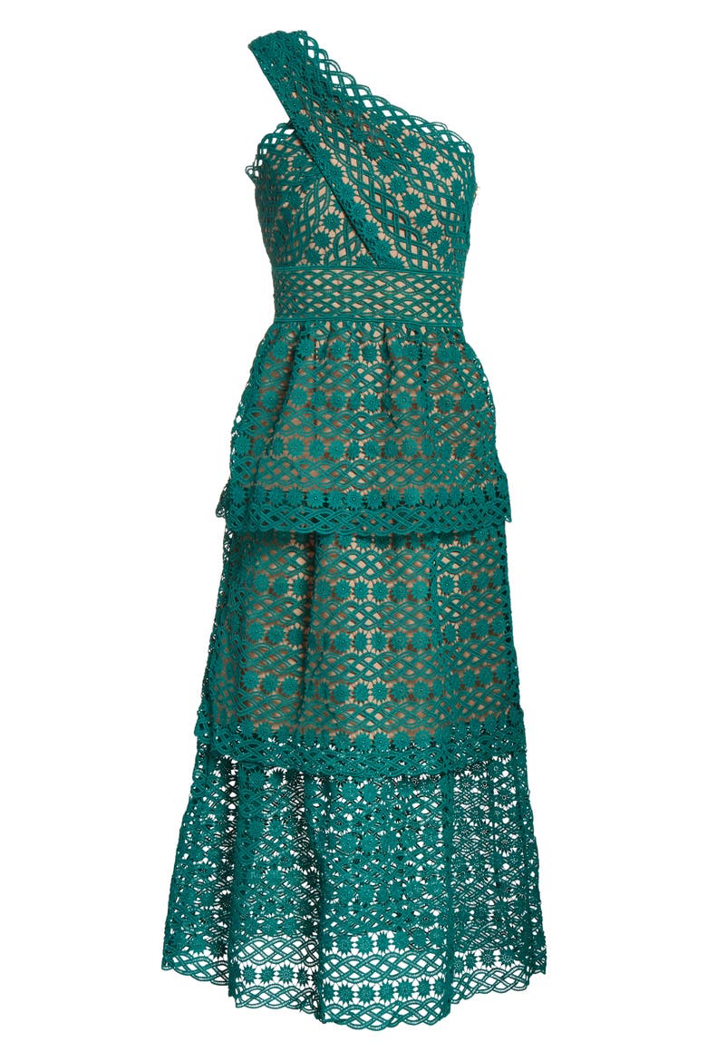 Lace One-Shoulder Midi Dress, Alternate, color, GREEN