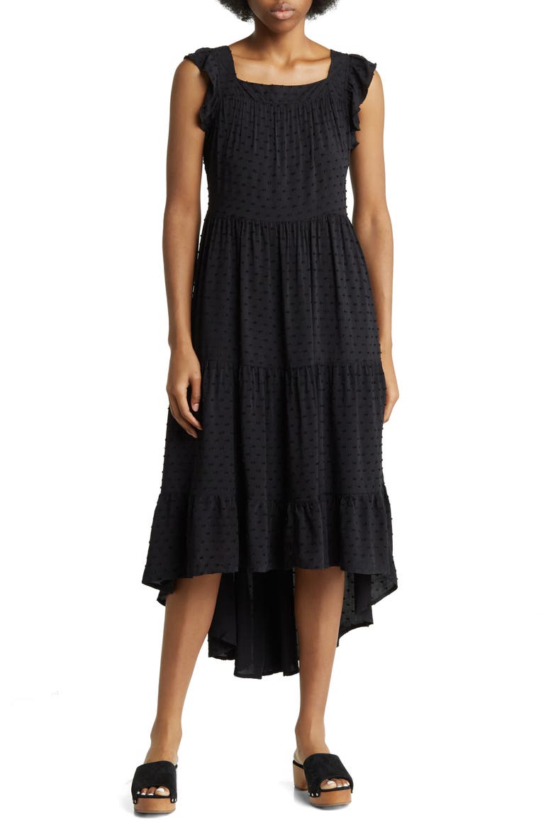 Valery Clip Dot Tiered High/Low Dress, Main, color, BLACK