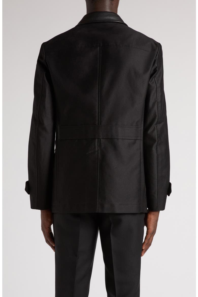 Leather Trimmed Brushed Cotton Satin Peacoat, Alternate, color, BLACK