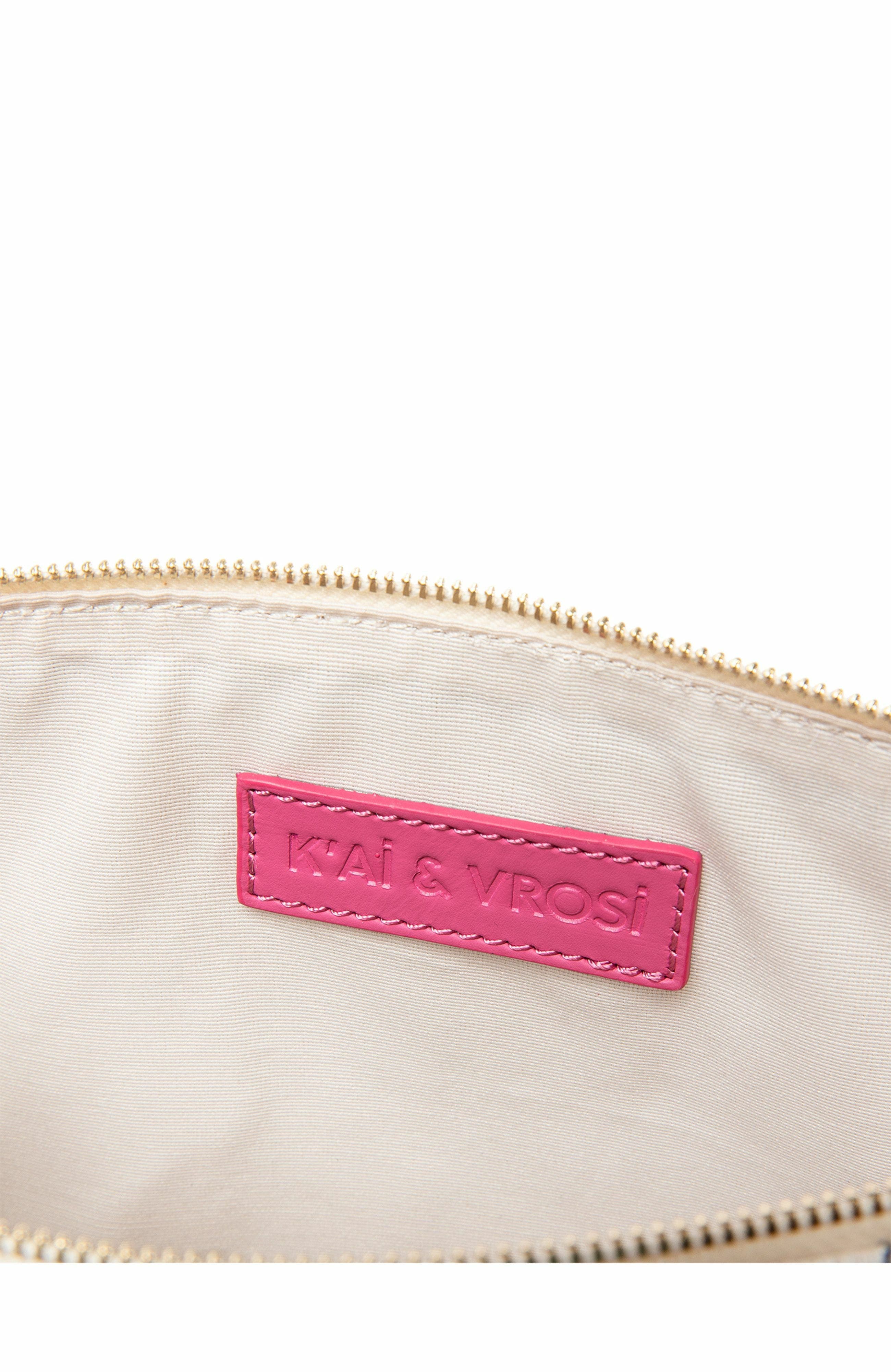 Defne Calfskin & Handloomed Fabric Clutch, Alternate, color, Pink
