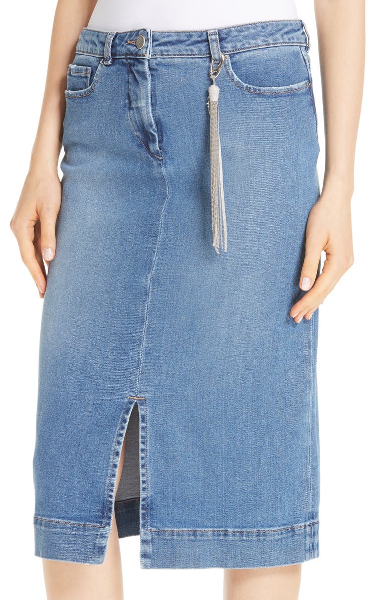 Fabiana Filippi Denim Pencil Skirt with Tassel, Alternate, color,