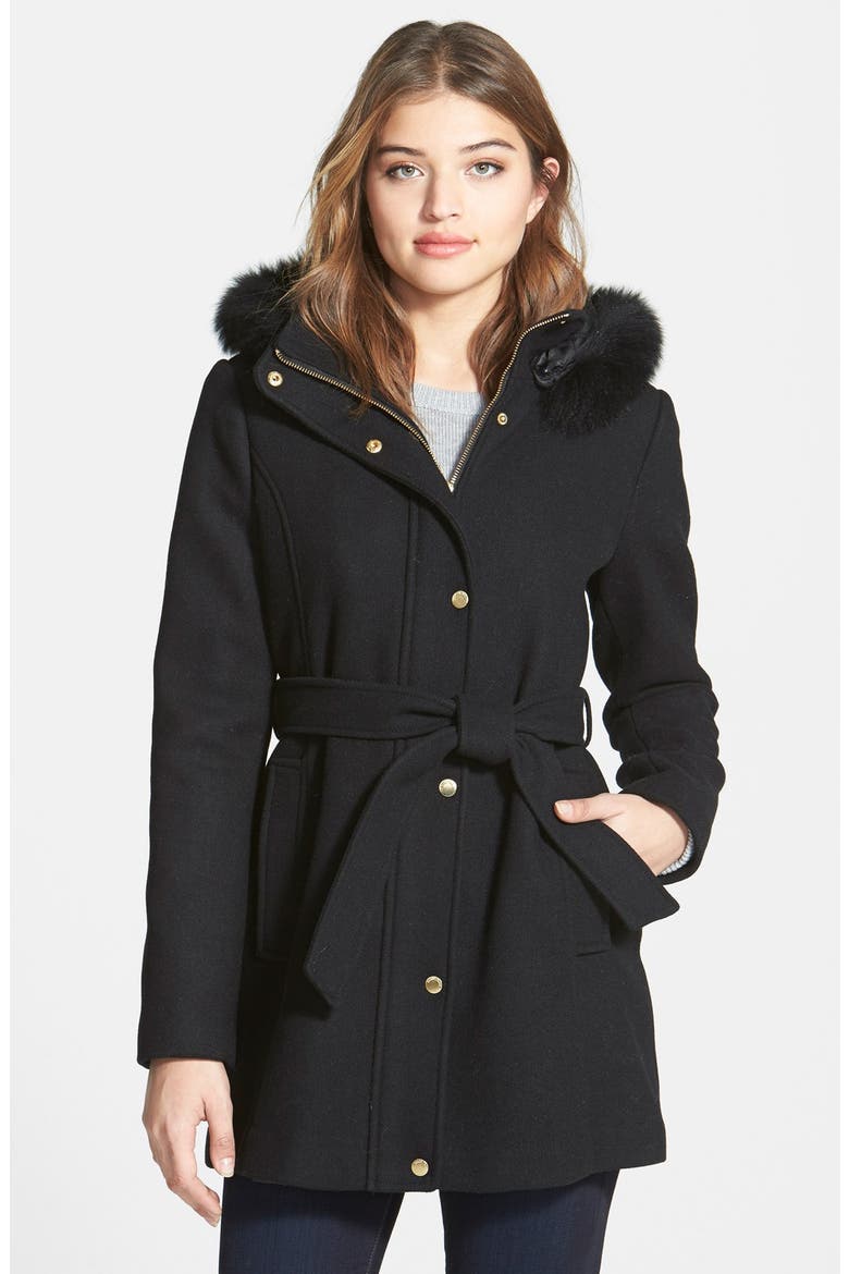 Ellen Tracy Hooded Wool Blend Coat with Genuine Fox Fur Trim