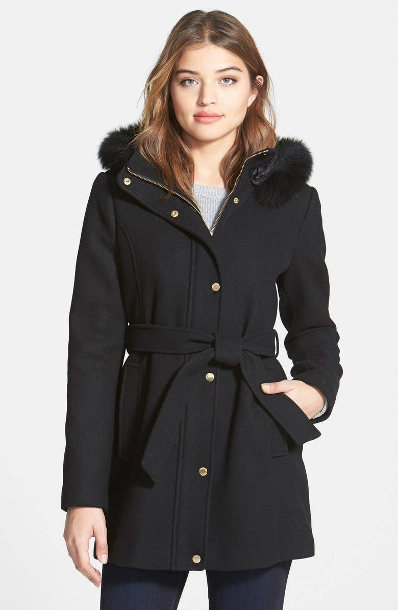 Ellen Tracy Hooded Wool Blend Coat with Genuine Fox Fur Trim, Main, color,