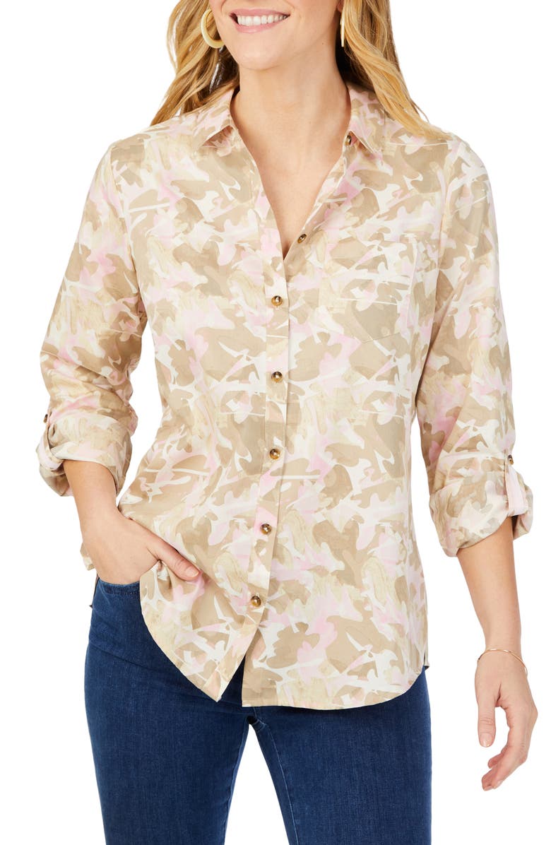 Foxcroft Zoey Abstract Print Roll Tab Non-Iron Cotton Button-Up Shirt, Alternate, color, Ivory Multi