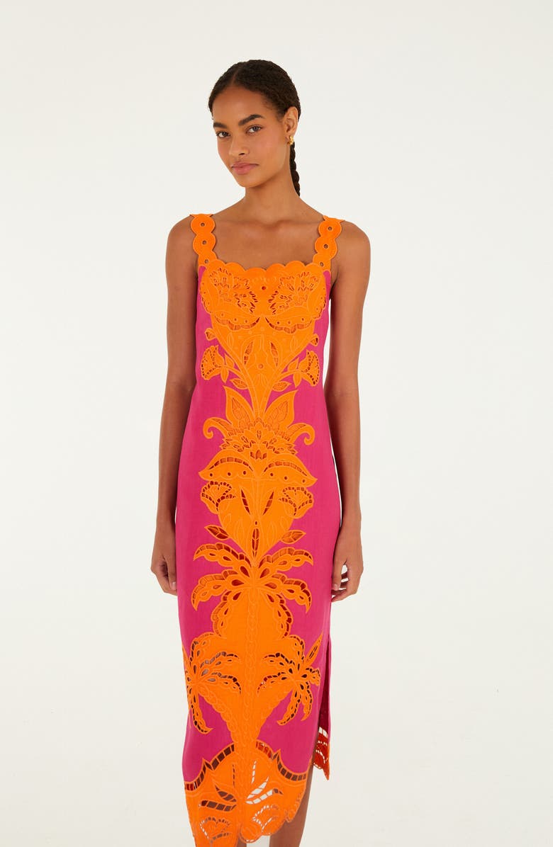 FARM Rio Cutwork Detail Linen Dress, Alternate, color, Pink And Orange