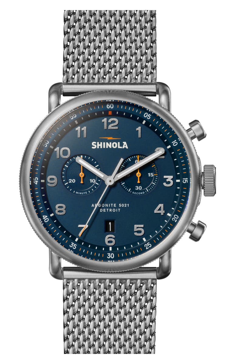 Shinola Canfield Model C56 Chronograph Mesh Strap Watch, 43mm, Main, color, Blue