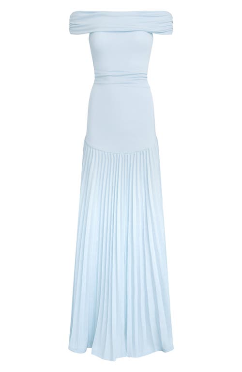 Lioness Field Of Dreams Fine Knit Foldover Bardot Ruched Drop Waist Pleated Maxi Dress In Soft Blue