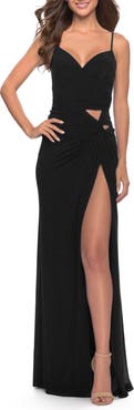 La Femme Net Jersey Dress with Cutouts and High Slit