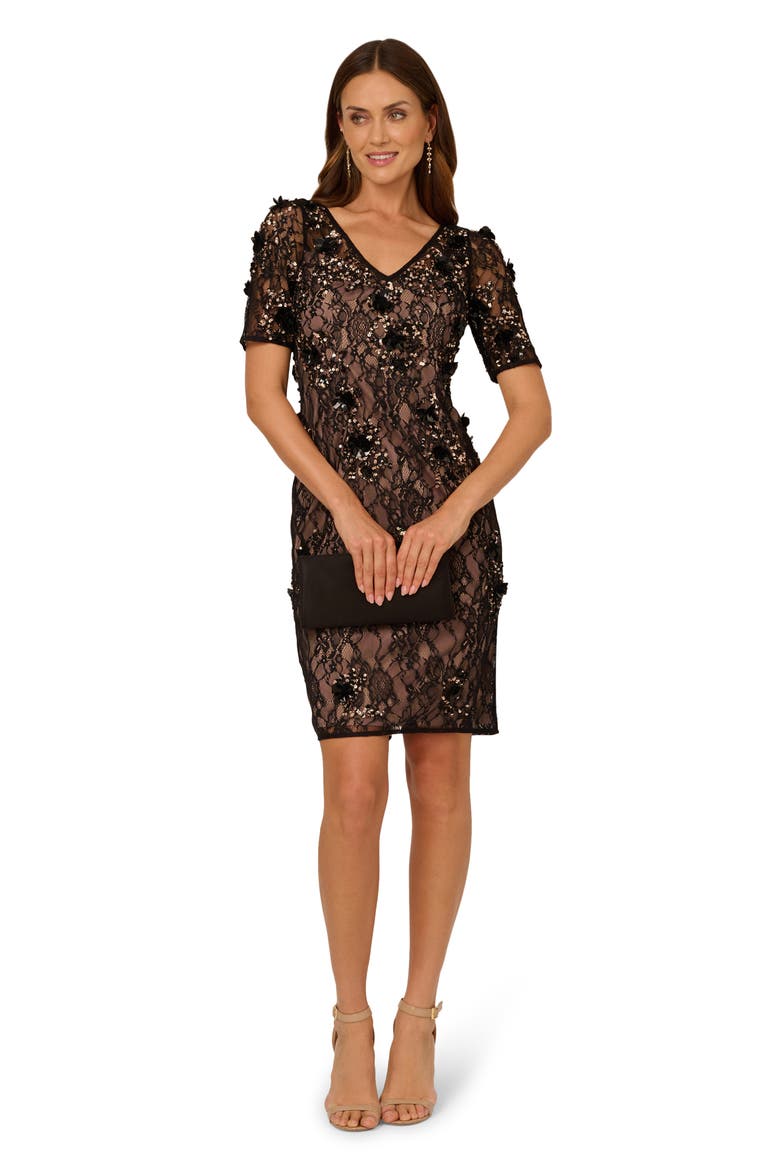 Beaded Lace Sheath Cocktail Dress, Alternate, color, BLACK/ ROSEGOLD