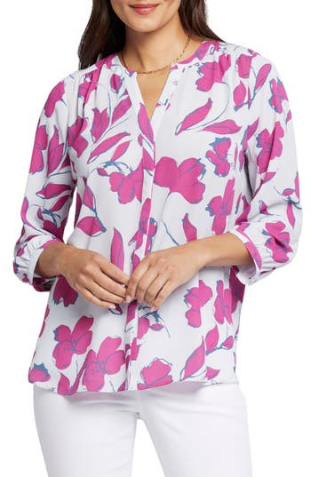 Nydj Three Quarter Sleeve Printed Pintucked Back Blouse In Ophelias Orchid