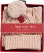 Vince Camuto Cable Stitch Scarf & Faux Fur Pompom Beanie Set