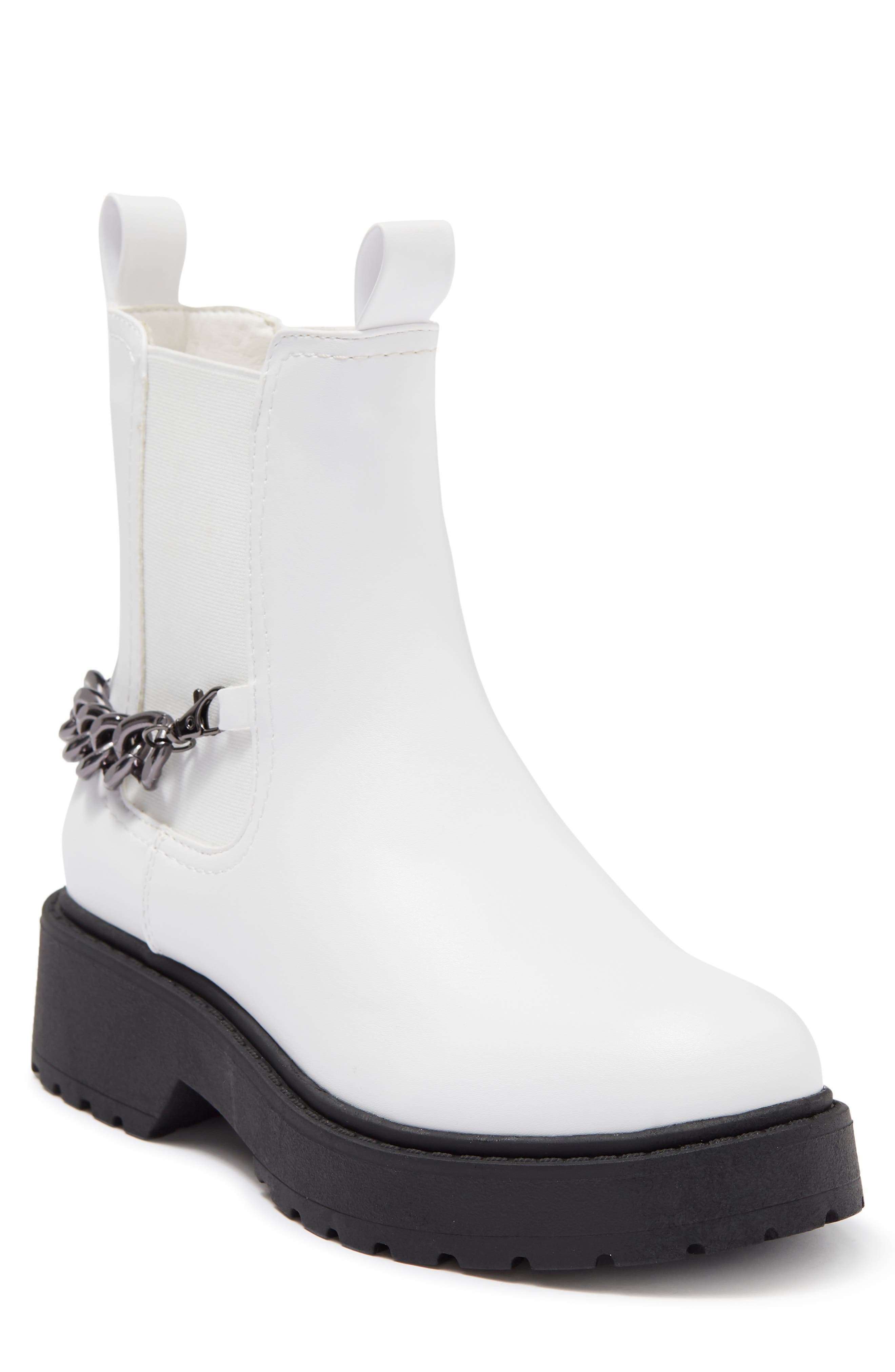 CHASE AND CHLOE ́ Chain Trimmed Chelsea Boot, Main, color, White Pu