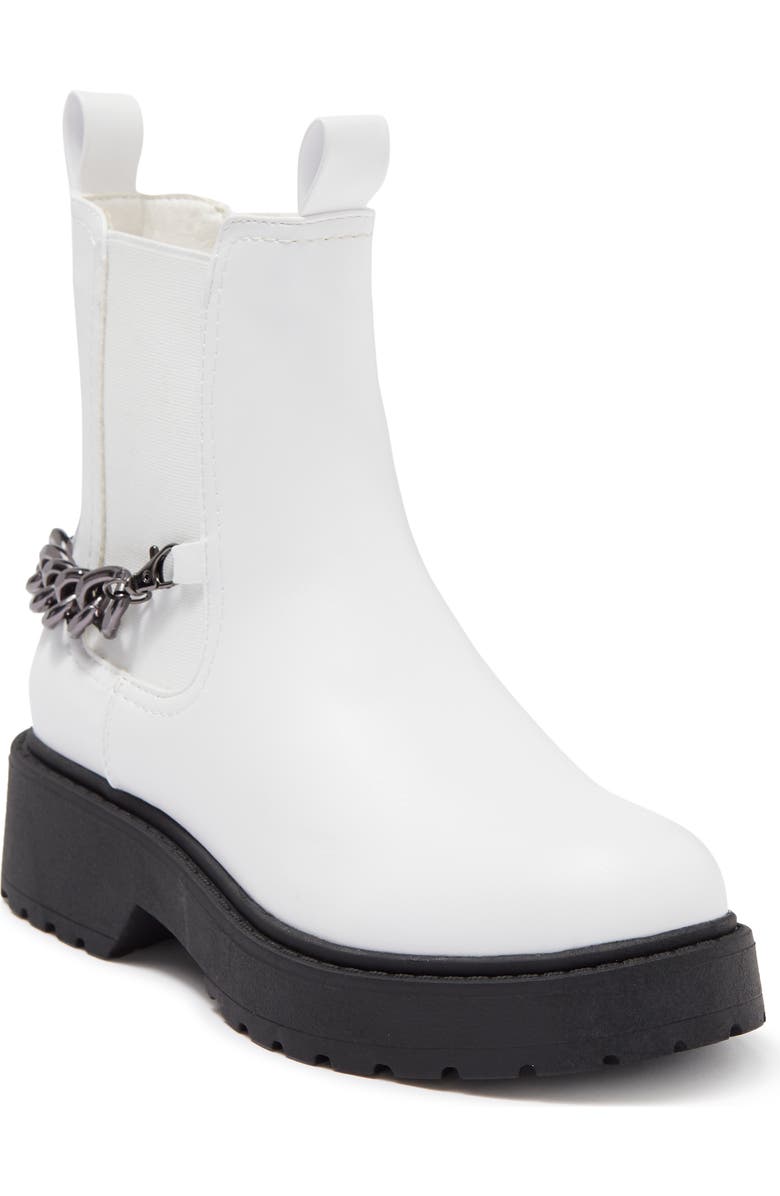 CHASE AND CHLOE ́ Chain Trimmed Chelsea Boot, Main, color, White Pu