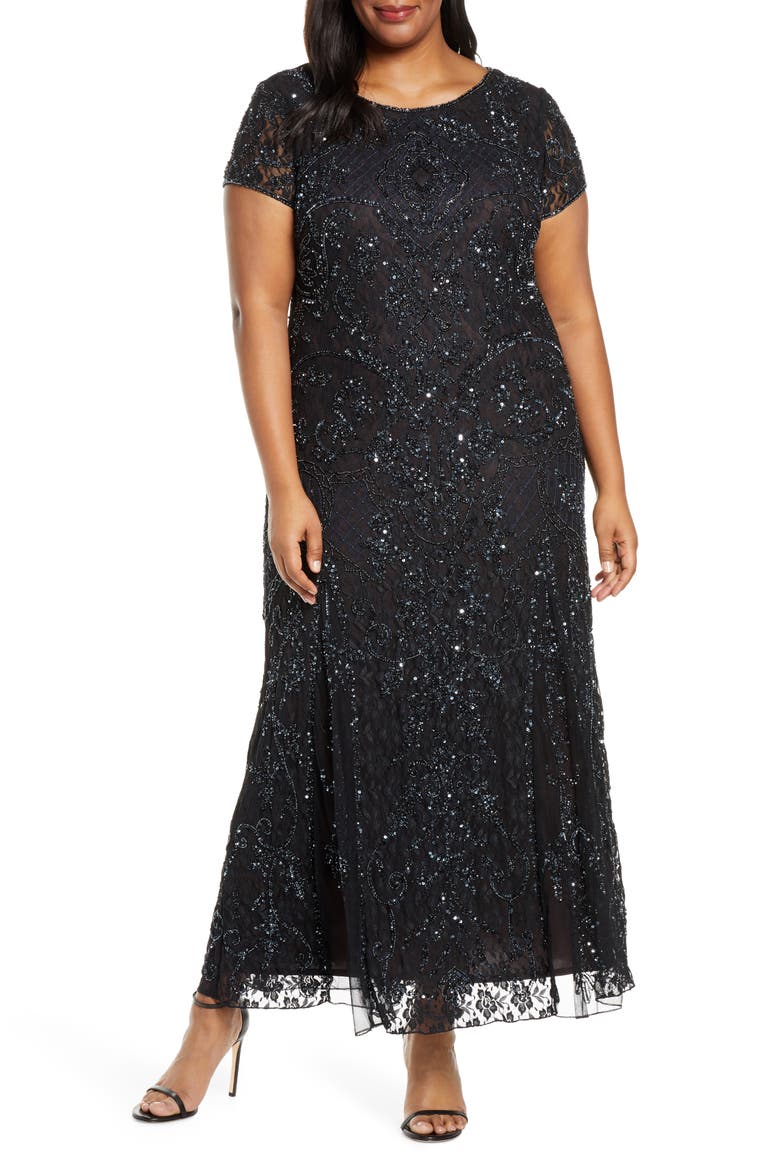 Embellished Lace A-Line Dress, Main, color, BLACK/ GUNMETAL