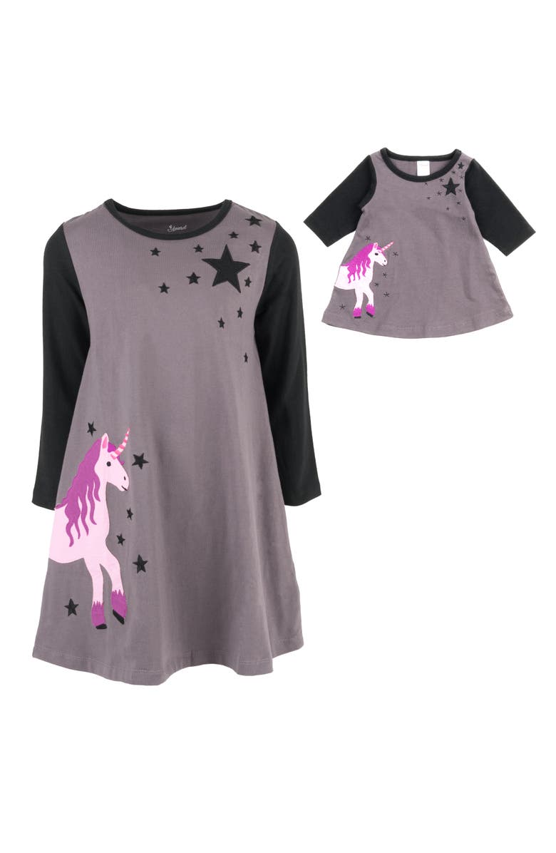 Leveret Girls Cotton Dress with Matching Doll Dress, Printed Design, Alternate, color, Unicorn With Stars