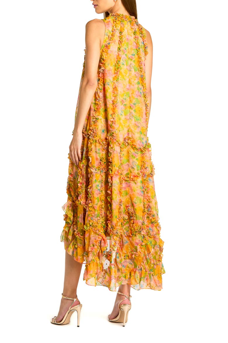 Women's Floral Appliqué Tiered Ruffle High-Low Midi Dress, Alternate, color, Mango Multi
