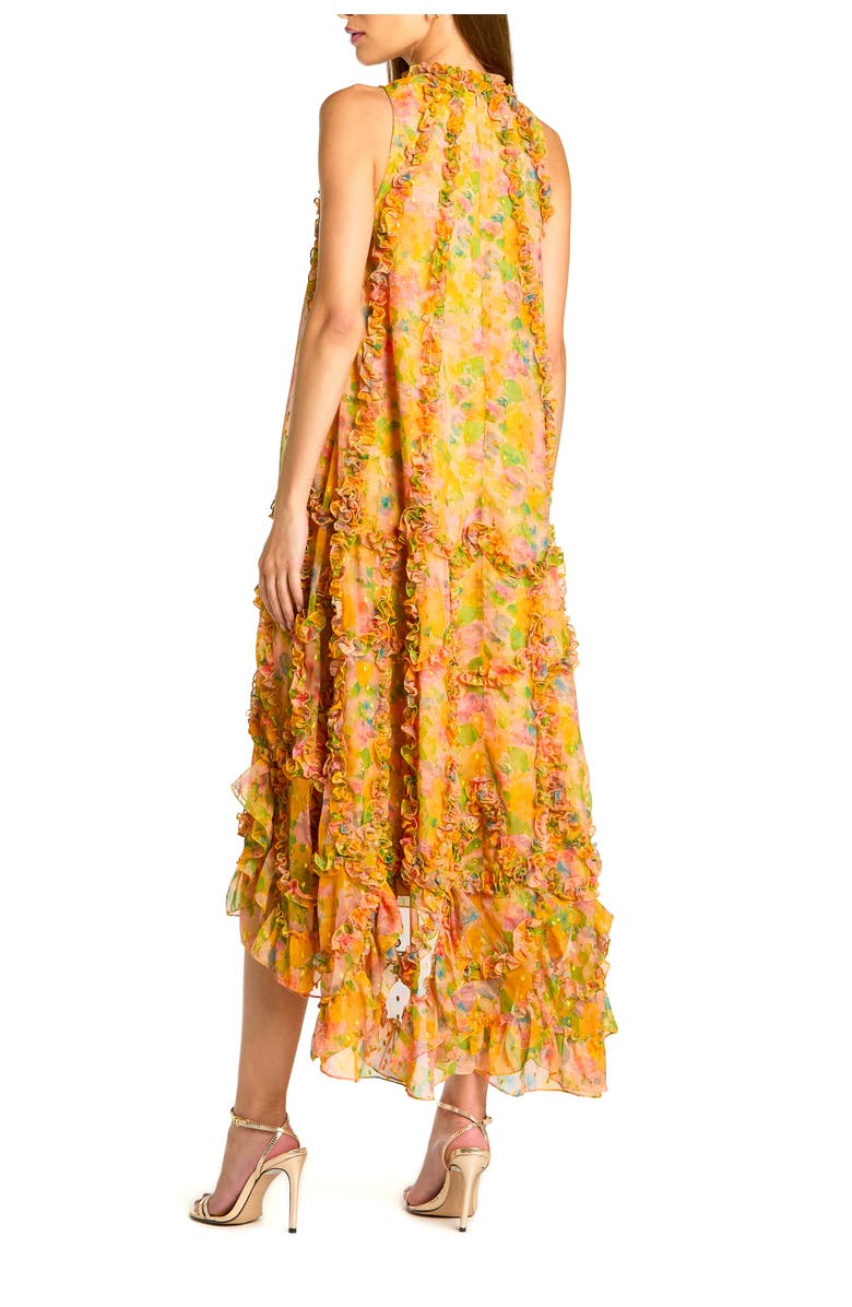 Mac Duggal Sleeveless Floral Print Chiffon Micro Ruffle Gown, Alternate, color, Mango Multi