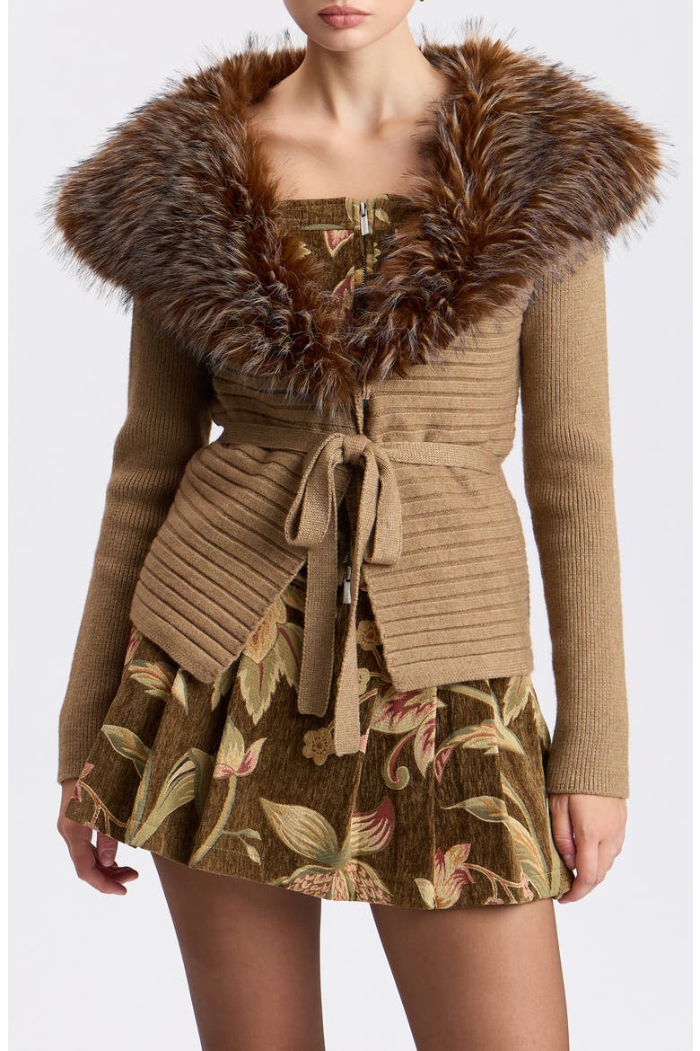 Faux Fur Collar Ribbed Cardigan, Main, color, CAMEL