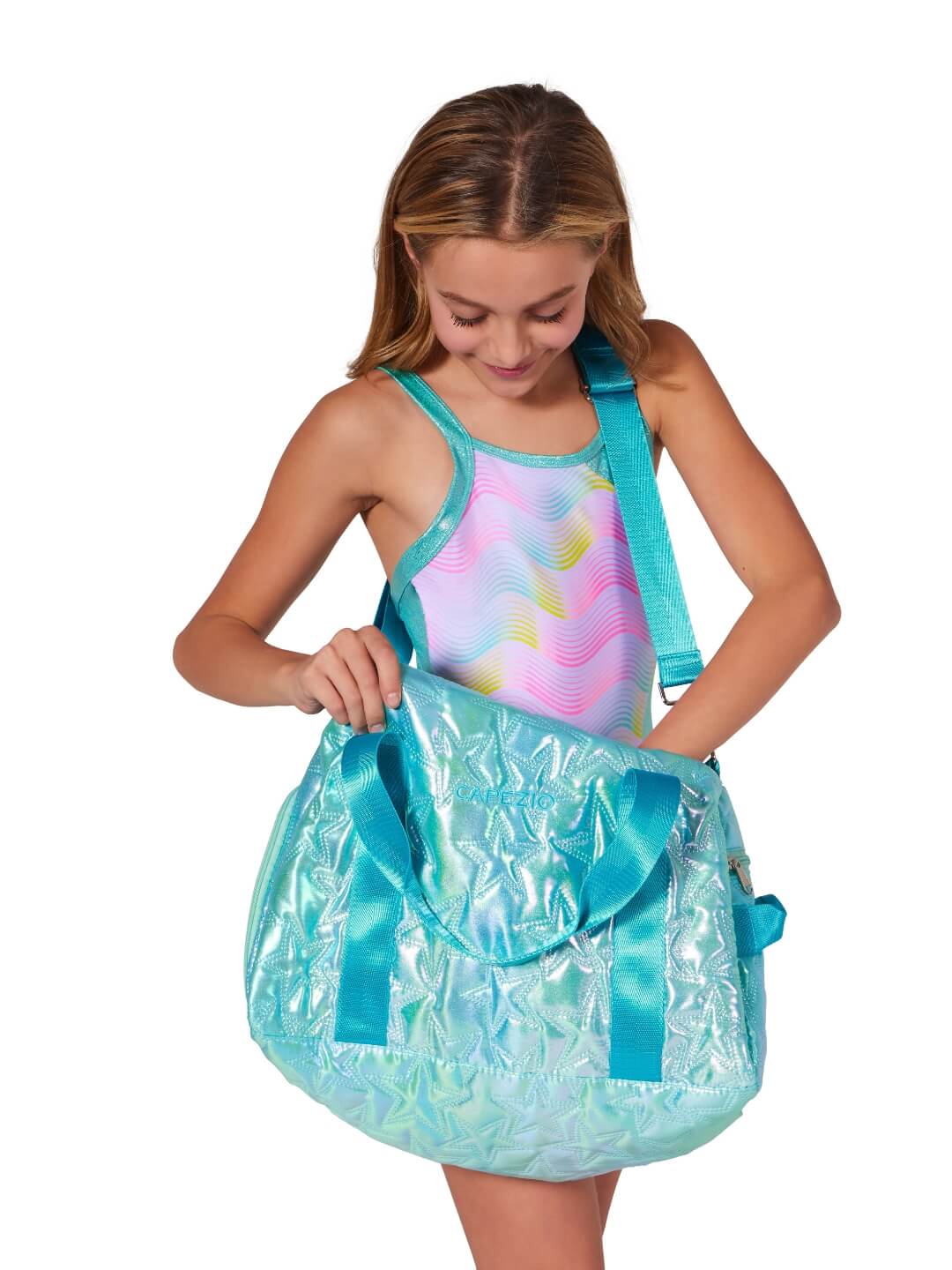 Metallic Star Travel Duffle, Alternate, color, turquoise/aqua