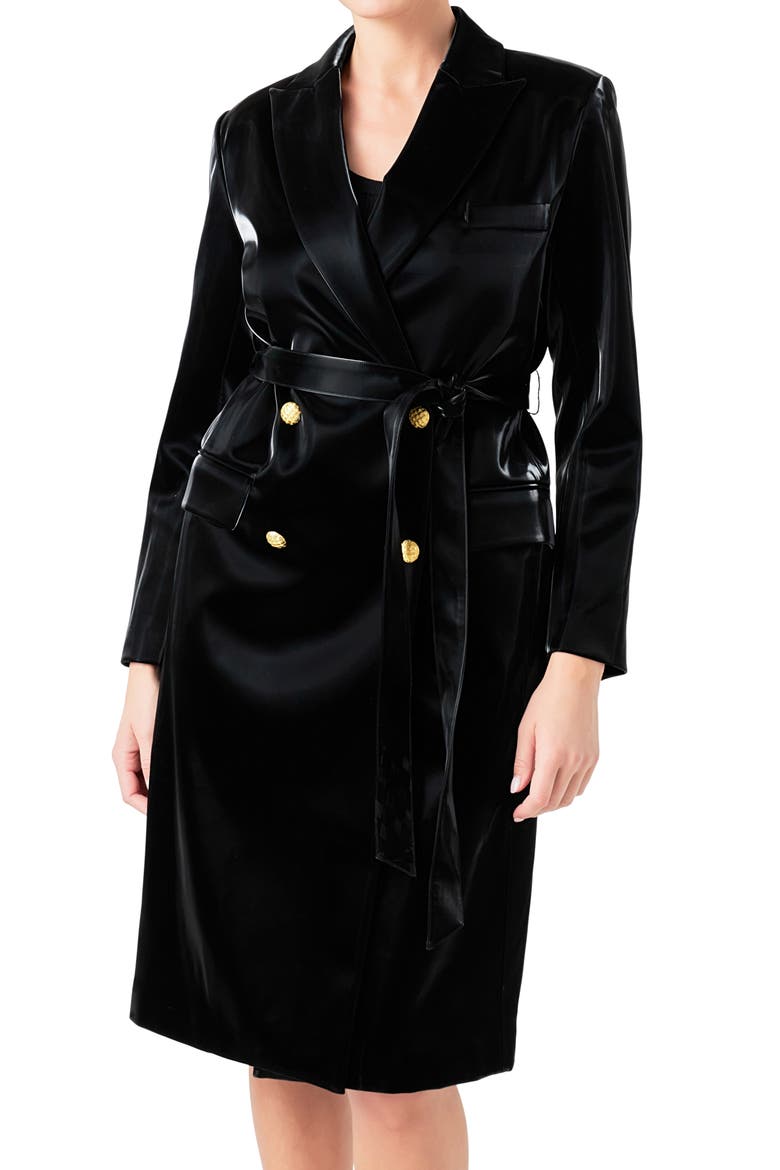 Double Breasted Faux Leather Trench Coat, Alternate, color, BLACK
