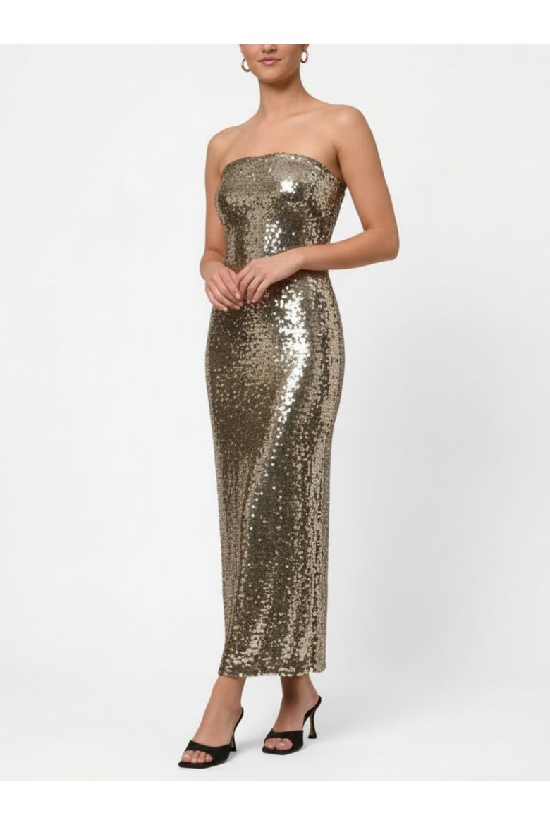 Yuri Strapless Sequin Midi Dress, Alternate, color, Silver
