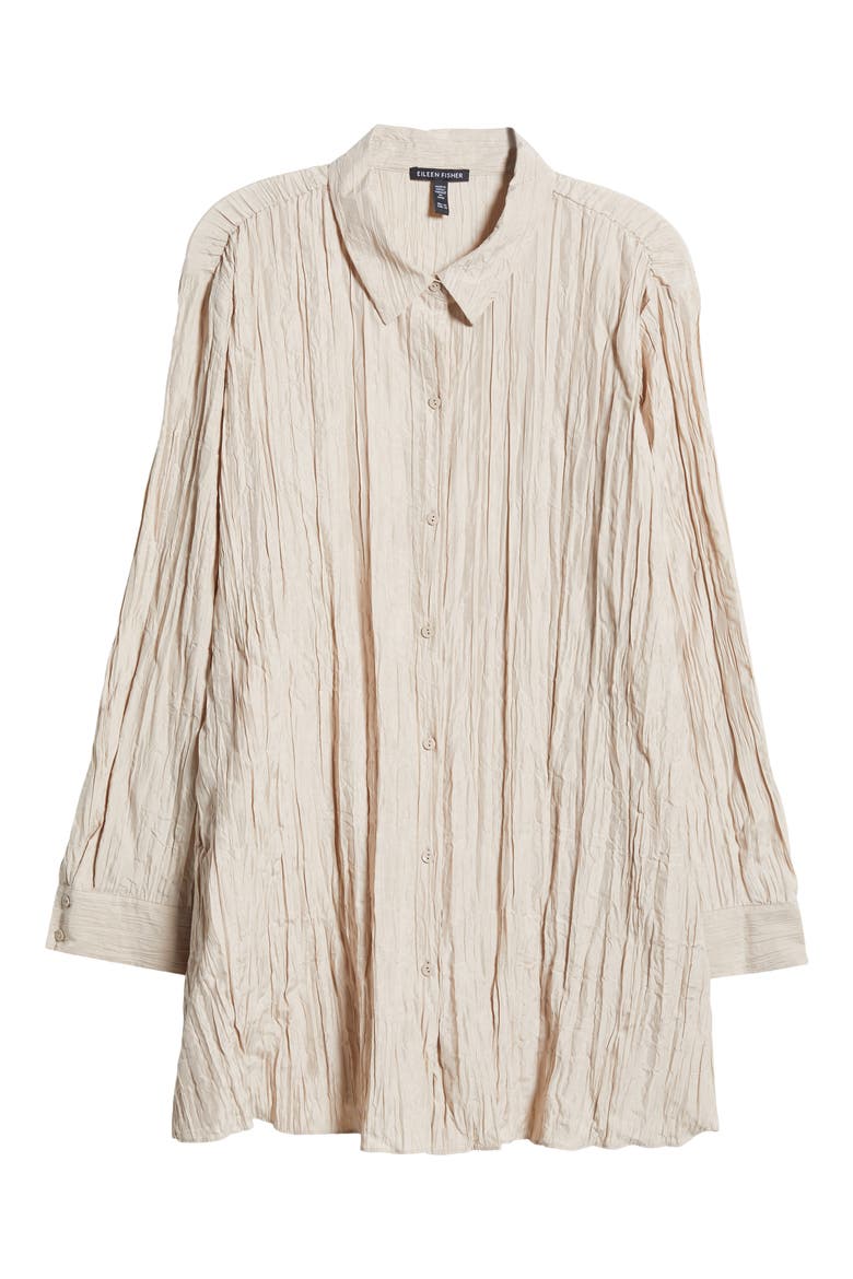 Classic Collar Pleated Longline Silk Button-Up Shirt, Alternate, color, WHEAT