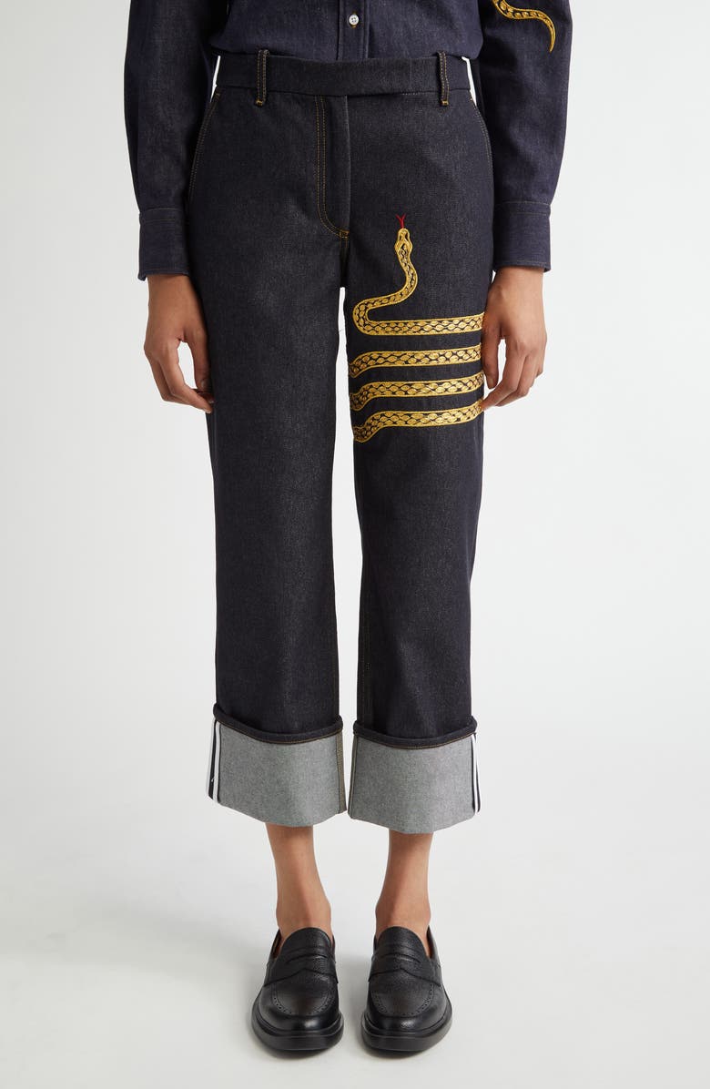 Thom Browne Snake Detail Cuff Hem Jeans, Main, color, 