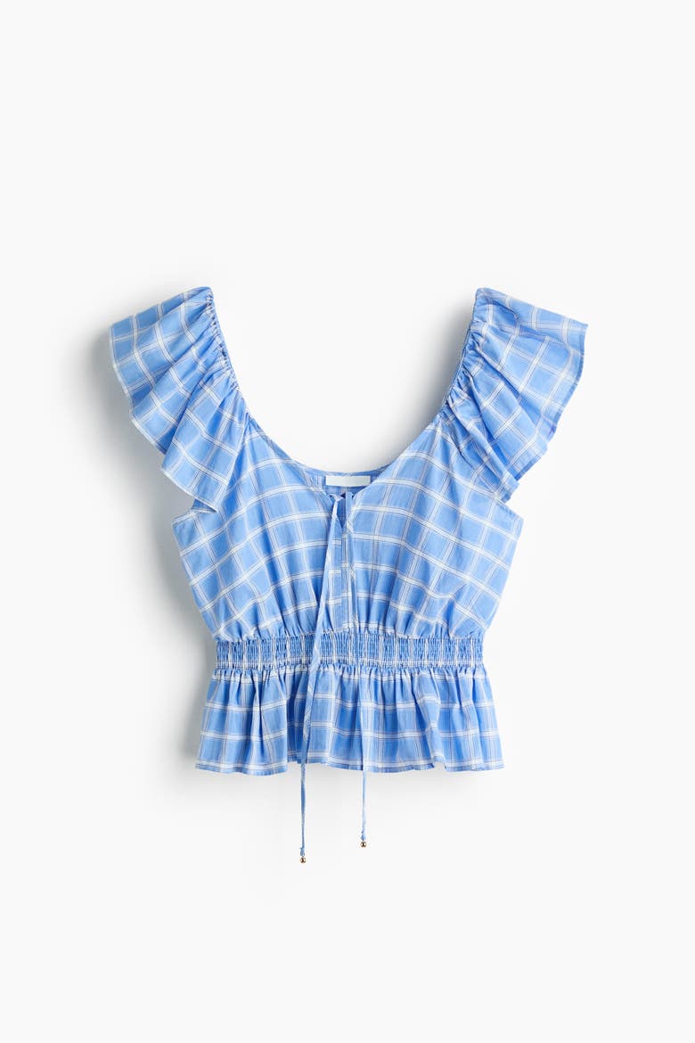 Flutter-sleeved Peplum Blouse, Alternate, color, Blue/checked