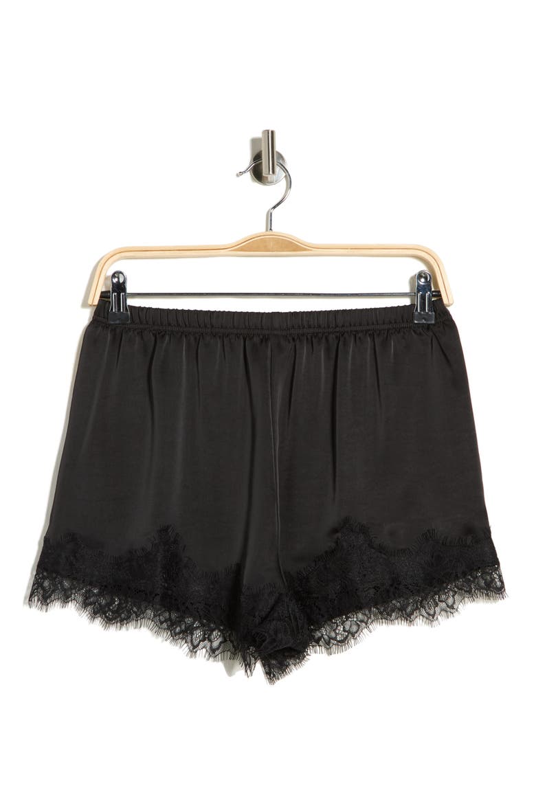 Lace Trim Satin Shorts, Alternate, color, BLACK