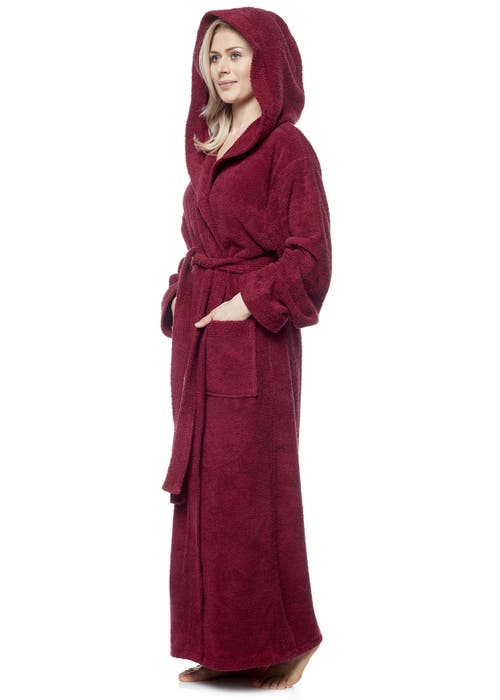 Arus Cotton Full Length Hooded Bathrobe In Burgundy