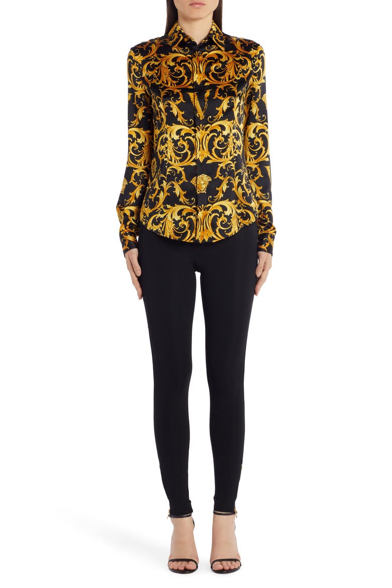 V-Barocco Print Stretch Silk Blouse, Alternate, color, BLACK/GOLD