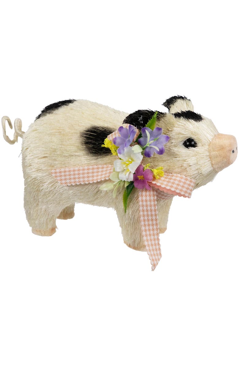 Northlight Spotted Piglet with Bow and Flowers Spring Figurine - 9", Alternate, color, White