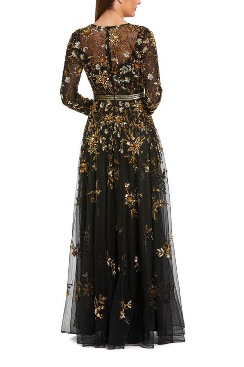 Mac Duggal Hand Beaded Mesh Long Sleeve High Neck A Line Gown In Black
