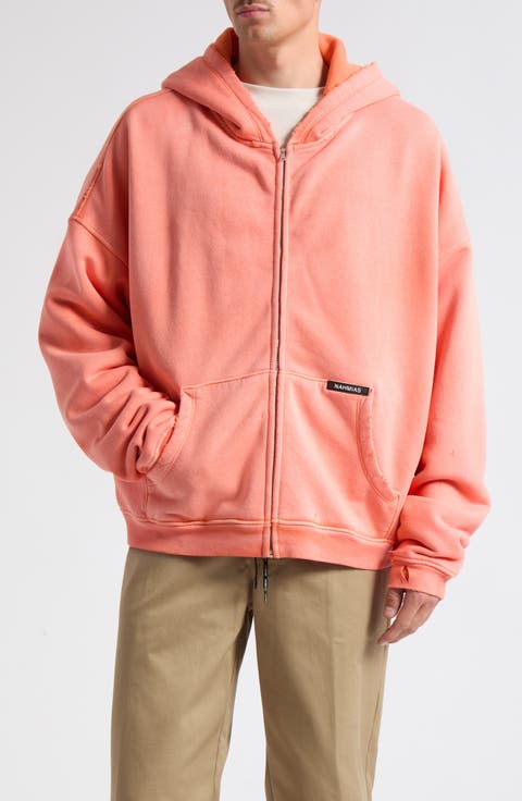 Distressed Cotton Fleece Zip Hoodie