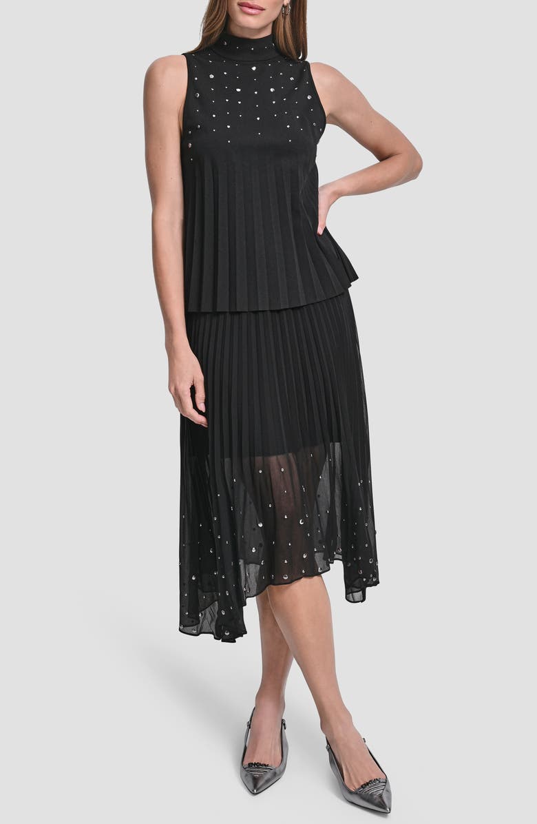 DKNY Metallic Studded Pleated Scuba Crepe Top, Alternate, color, Black